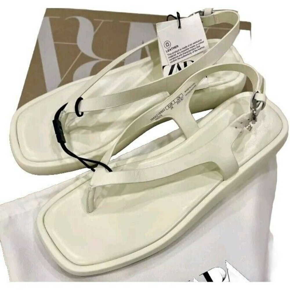 ZARA Leather Sandals 1644/210/002 size 9 Flats White Ivory
